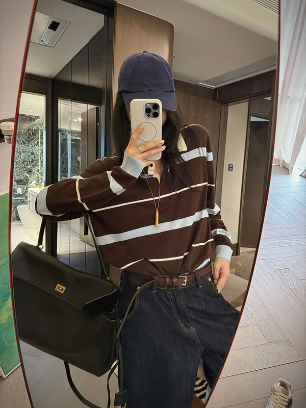 韩系撞色条纹polo领翻领单穿上衣女秋季独特绝美小香风长袖针织衫|undefined