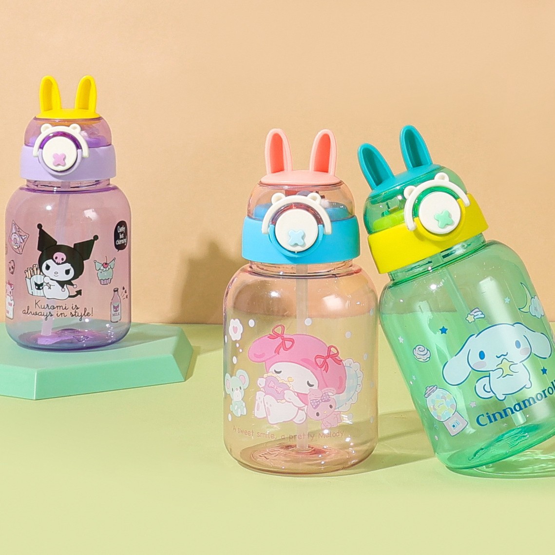 Nueva taza de plástico para niños en forma de conejito - Alto valor estético, taza de paja para estudiantes linda, taza de mensajero portátil para exteriores