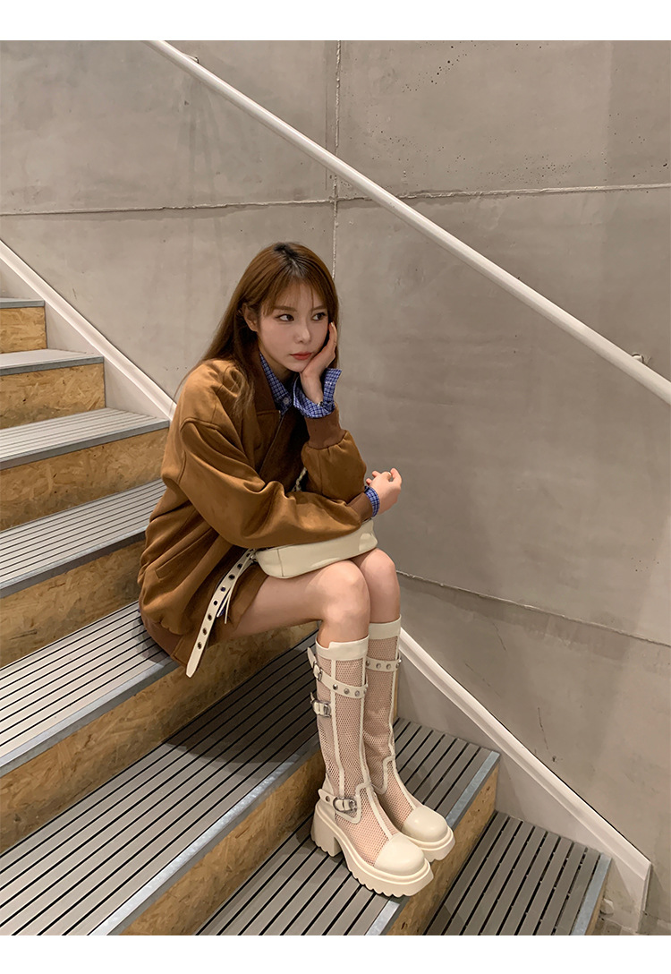 Boot nữ cổ cao lưới xuyên thấu đinh tán đế dày da thật — Ống rộng trắng kem, Ống rộng đen, Ống tiêu chuẩn trắng kem, Ống tiêu chuẩn đen chi tiết 14