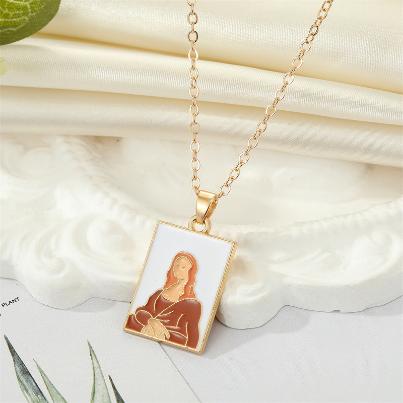 European Retro Alloy Drop Oil Van Gogh Oil Painting Square Pendant Collarbone Chain Female display picture 4