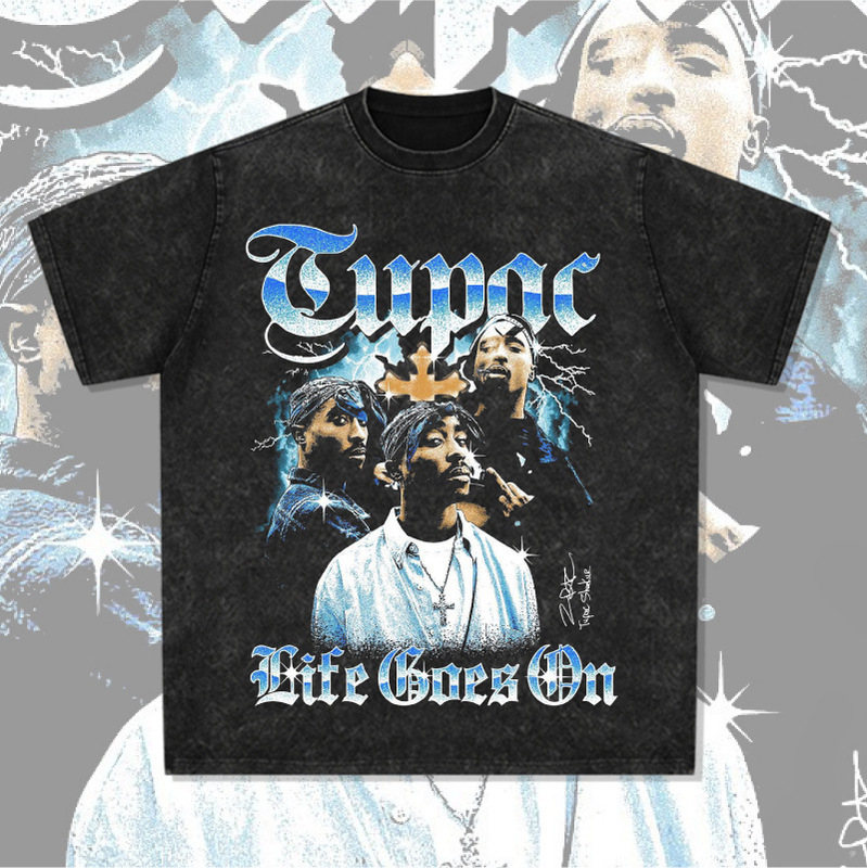 Cross-Border Retro Hip-Hop Tupac Printed Long-Sleeved Short-Sleeved T-Shirt Washed Round Neck Heavy Small Neckline Top Trendy