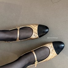 羊皮版~2025冬小香风电绣一字带玛丽珍鞋女平底拼色菱格芭蕾舞鞋