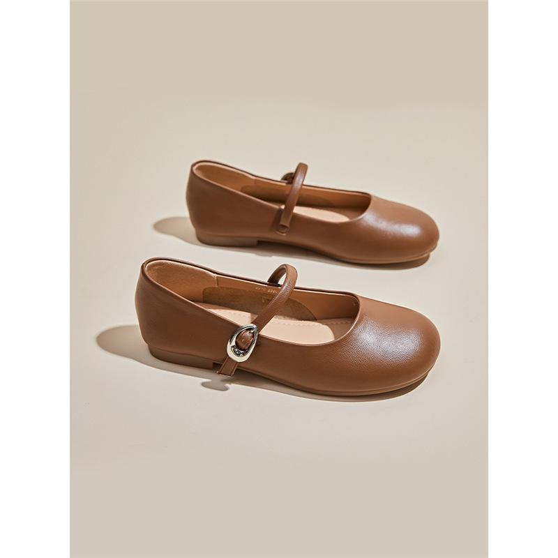 French-Style Flat Shallow-Mouth Genuine Leather Granny Shoes 2025 Spring and Autumn New Model Single-Strap Mary Jane Mango-Toe Shoes