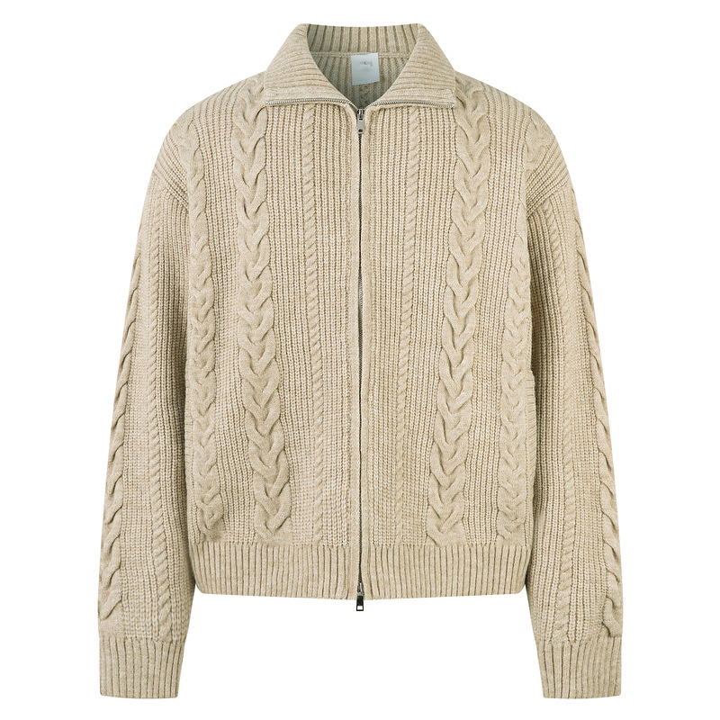 Youthful Trendy Heavy Coarse Knit Cable Pattern Zip-Up Cardigan Sweater for Men, Retro Vintage Style Short Knit Jacket