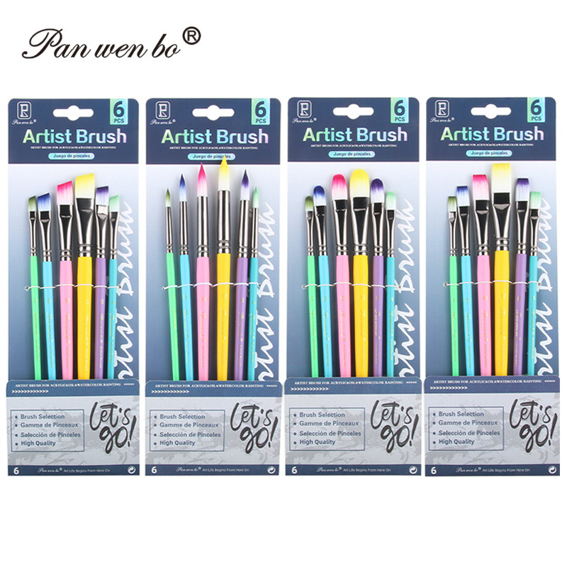 High-Quality Wooden 6-Pack Art Basic Set Macaron Water Chalk Acrylic Brush Nylon Hair Oil Paint Brush