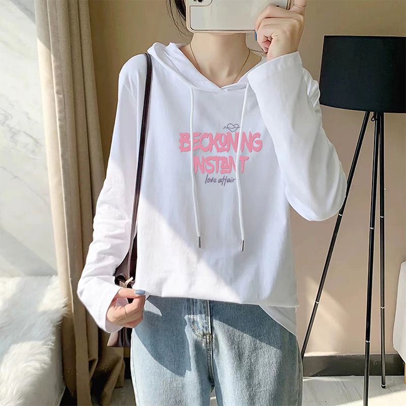 Pure Cotton Slim Sweatshirt for Women 2025 Thin Letter Embroidered Long-Sleeved T-Shirt for Women White Sweatshirt Hooded Bottoming Shirt for Women I
