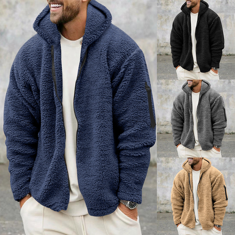 2023 Cross-Border Men's Autumn/Winter Double-Faced Fleece Warm Jacket Coat Amazon Loose Hooded Casual Outerwear