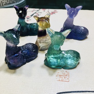 Natural Crystal Colorful Fluorite Handmade Carved Sika Deer Ornaments Home Office Jewelry Craft Decorations