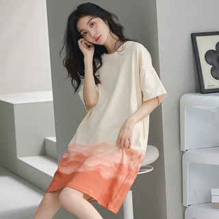 春季女士简约华夫格宽松少女风套头圆领全棉连衣群居家外穿睡衣