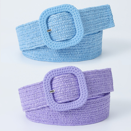 Korean version hot selling 4cm square buckle PP straw elastic elastic decorative belt for women small fresh candy color waist belt