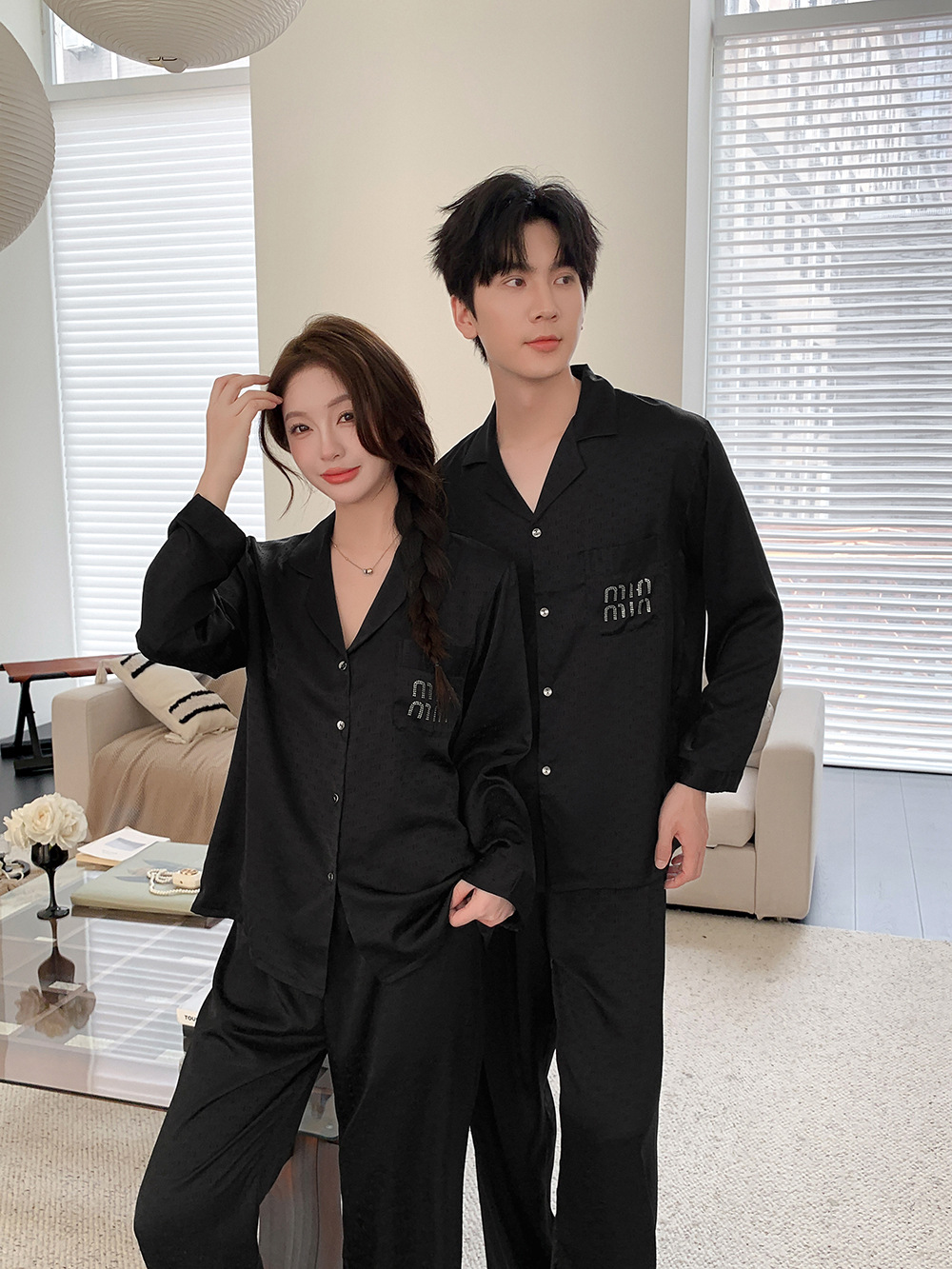 Luxuriöser Eis-seide Partner Pyjama Satin Jacquard Hausanzug_voghion.com