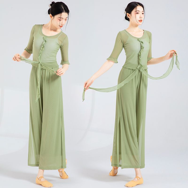 Modern Dance Practice Clothes for Women, Short-Sleeved Body Dance Tops, Wide-Leg Hongyan Pants, Mid-Length Classical Dance Mesh Clothes
