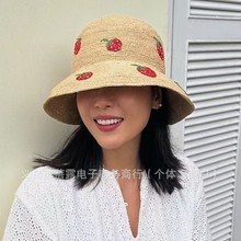 防紫外线夏季甜美可爱特细拉菲草帽子女手工编织防晒帽遮阳渔夫帽