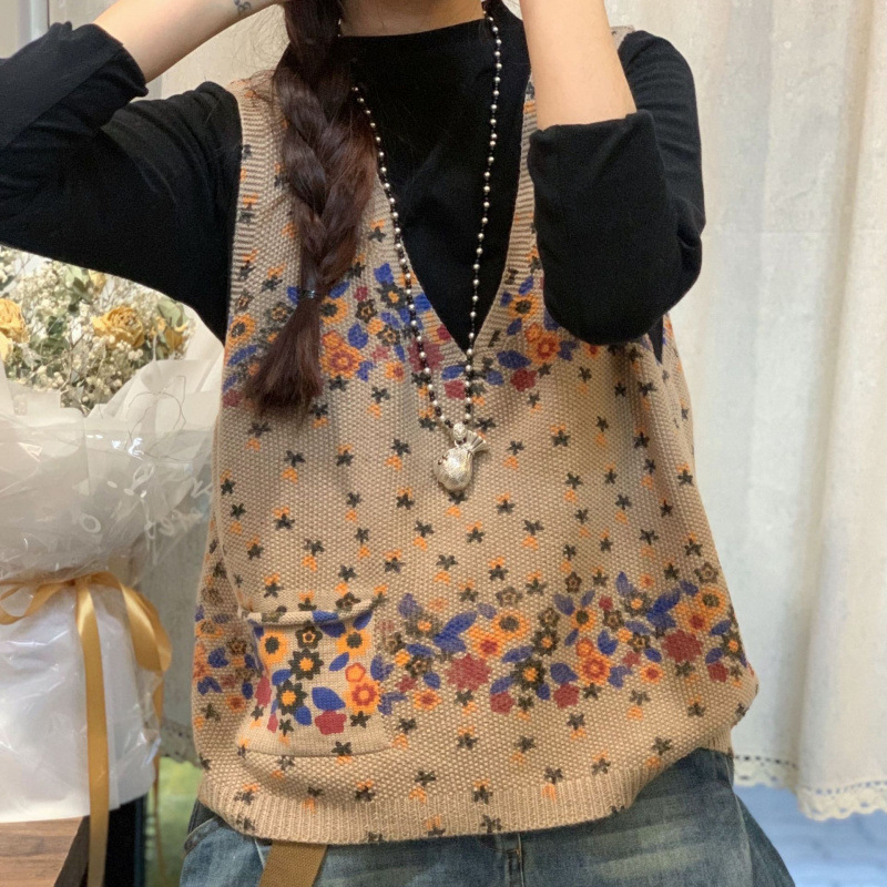 女性用のレトロな小花柄ニットベスト、ファッショナブルなポケット、Vネック、多用途、ファッショナブルなチョッキ、ベスト、セーターベスト|undefined