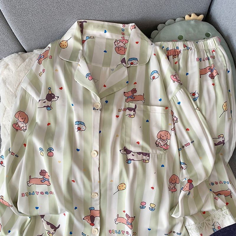 Entidad al por mayor productos de alta calidad primavera nuevo pijama de seda de hielo y nieve para mujeres delgada de verano dibujos animados set de ropa para el hogar se puede usar fuera