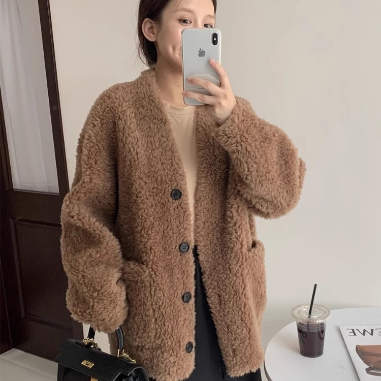 Australian Lambswool Coat 2024 Autumn and Winter New Fur One-Piece Fur Women's Mid-Long Cashmere V-Neck Cardigan