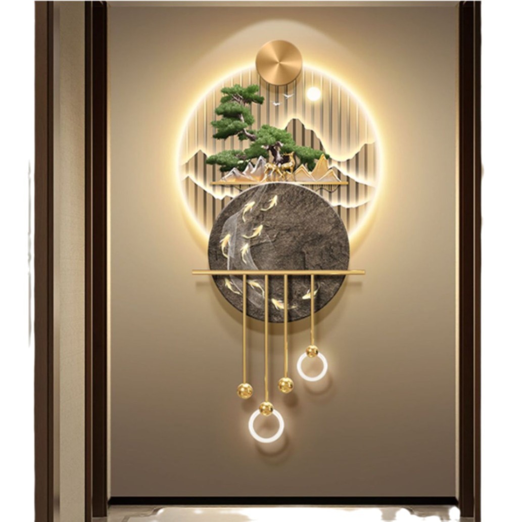 Paisaje da la bienvenida a los invitados Songguan Pintura decorativa Imagen de nueve peces Frente a la puerta Lámpara de pared luminosa Nueva pintura china del pasillo del pasillo