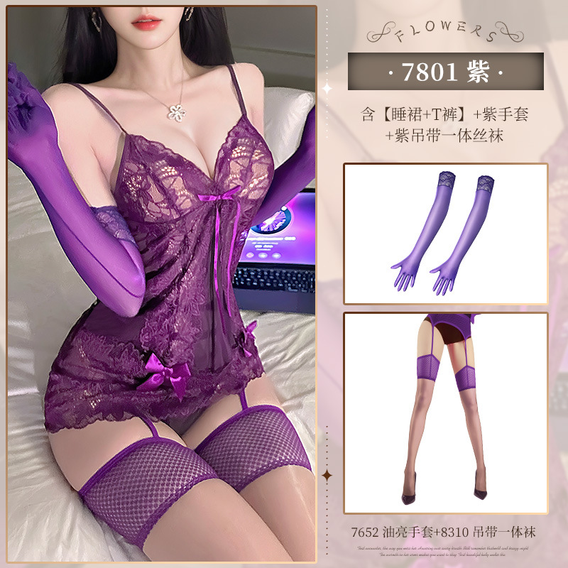 ◆ 레이스 팬텀 ◆ 보라색 [잠옷 T 바지] 퍼플 장갑 퍼플 스트랩 실크 스타킹