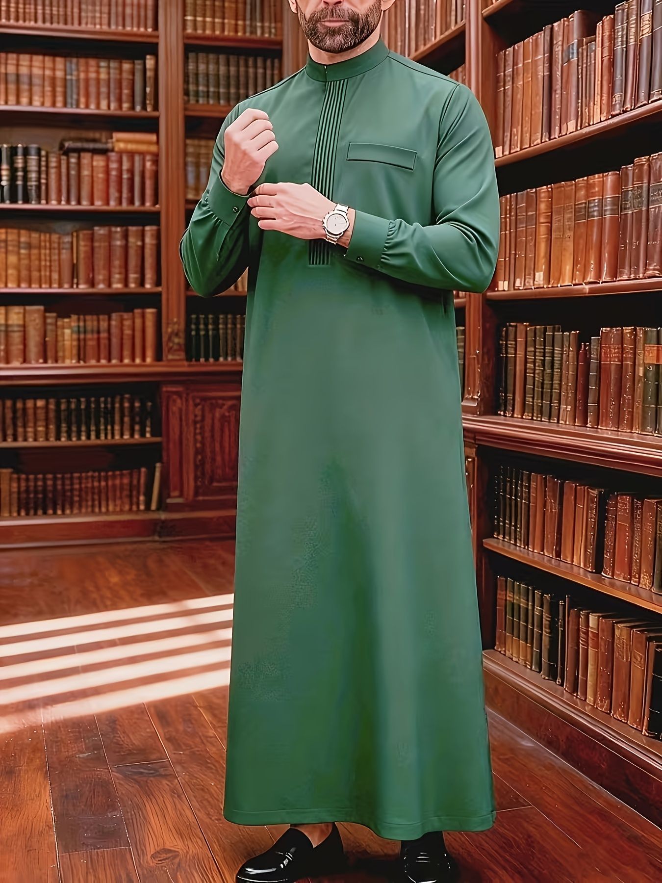 Camicia casual da uomo a maniche lunghe con ricami arabi - Abbigliamento etnico tradizionale mediorientale musulmano, poliestere, taglie S-XXL, verde_voghion.com
