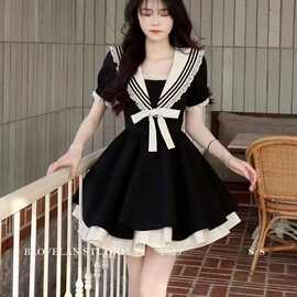 大码学院风A字连衣裙女装夏季海军领蝴蝶结短裙胖MM遮肚显瘦裙子
