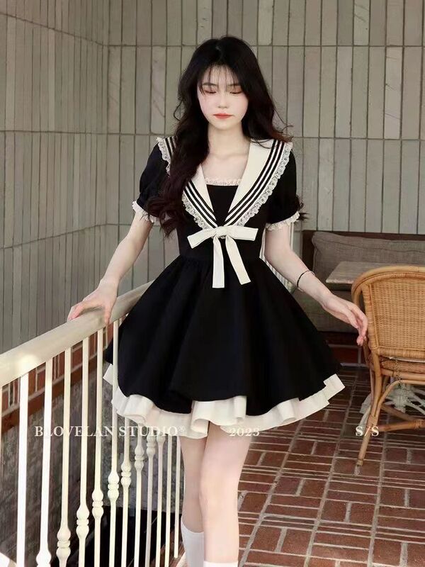 Plus-Size College-Style A-Line Dress for Women, Summer Navy Collar Bowknot Short Dress, Flattering Dress for Curvy Women