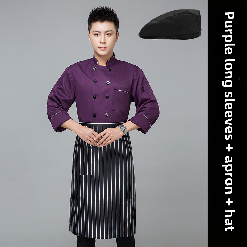 Purple white long sleeve + apron + hat Image