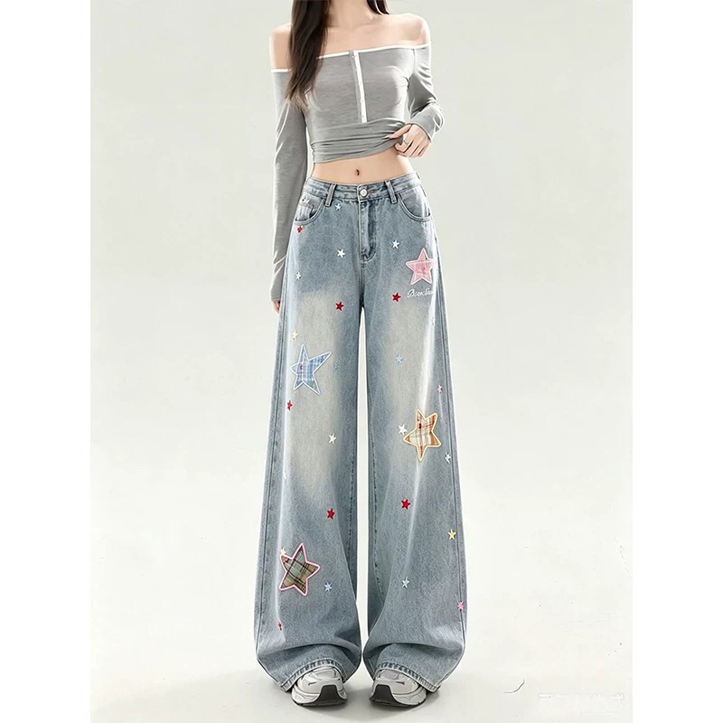 American-style washed star patch straight-leg jeans for women, 2026 autumn new loose fit petite wide-leg floor-length pants American-style washed star patch straight-leg jeans for women, 2026 autumn new loose fit petite wide-leg floor-length pants