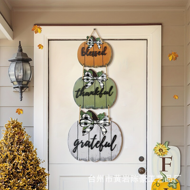 New Autumn Decorations Thanksgiving Harvest Festival Pumpkin Home Blessing Decoration Wooden Pumpkin Yard Front Door Hanging Ornament