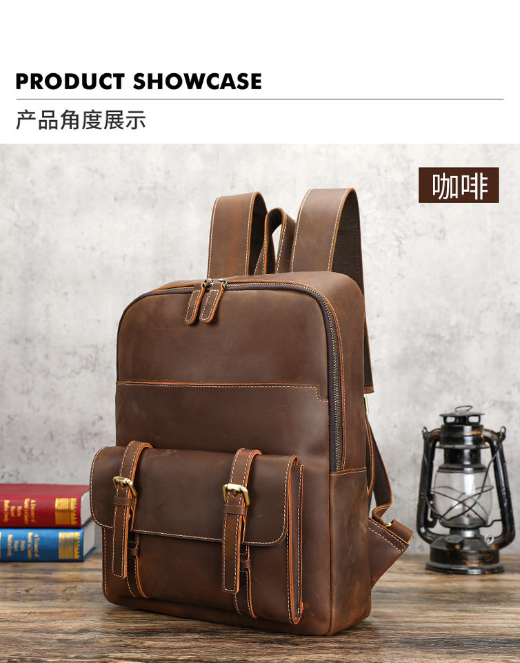 Ba lô nam da bò thật da ngựa điên phong cách Âu Mỹ cổ điển dung tích lớn 32×13×38 cm kèm ngăn laptop 15 inch — màu đen, Màu cà phê, Màu nâu đậm chi tiết 23