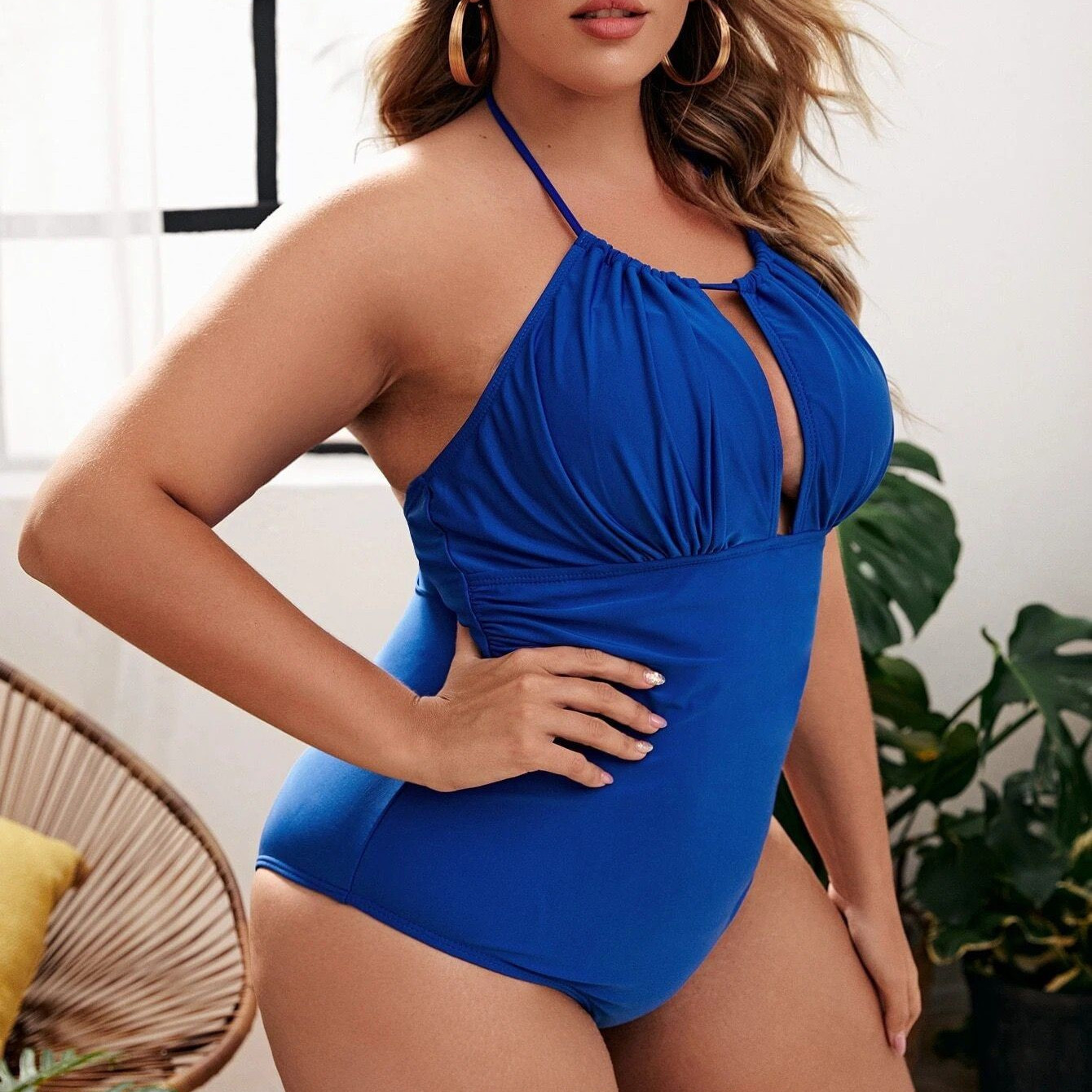 plus size print/solid color hanging neck backless one-piece swimsuit NSJHD124950