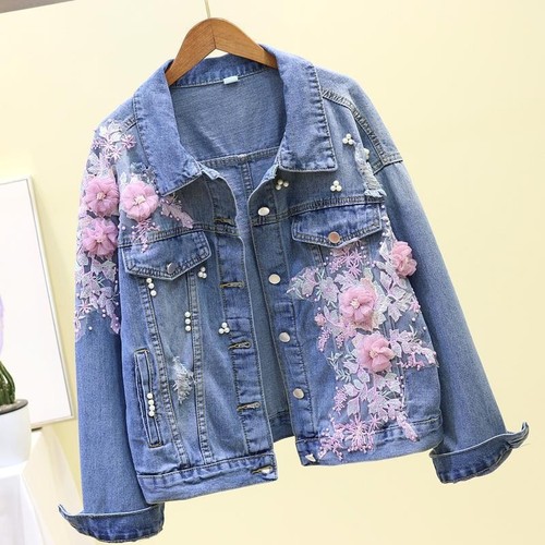 【】Women's Denim Short Jacket Loose-Fitting Spring and Autumn New Korean-Style Heavy Embroidery Three-Dimensional Floral Ripped