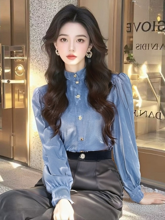 港风复古立领长袖衬衫女秋冬2025新款轻奢高级感衬衣别致内搭上衣|undefined