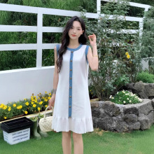 夏季新款显瘦气质小清新女装圆领拼色牛仔边单排扣宽松无袖针织背