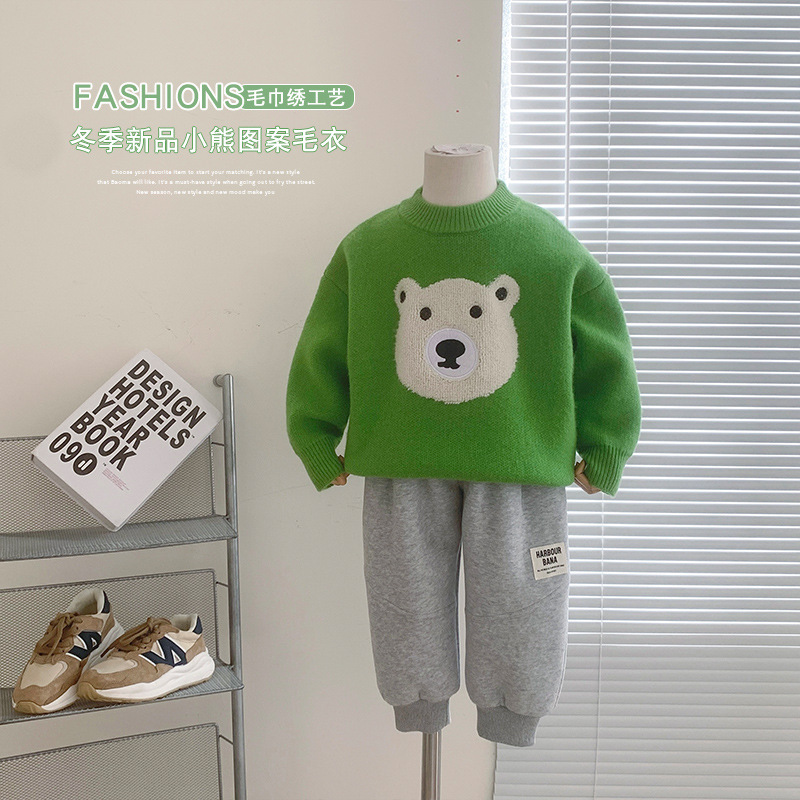 风之谷2022冬季新款童装儿童韩版可爱小熊毛衣男童绿色卡通针织衫