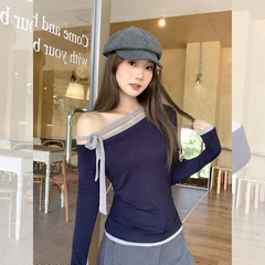 纯欲斜肩拼接撞色绑带长袖T恤女2025秋季新款褶皱掐腰设计感上衣