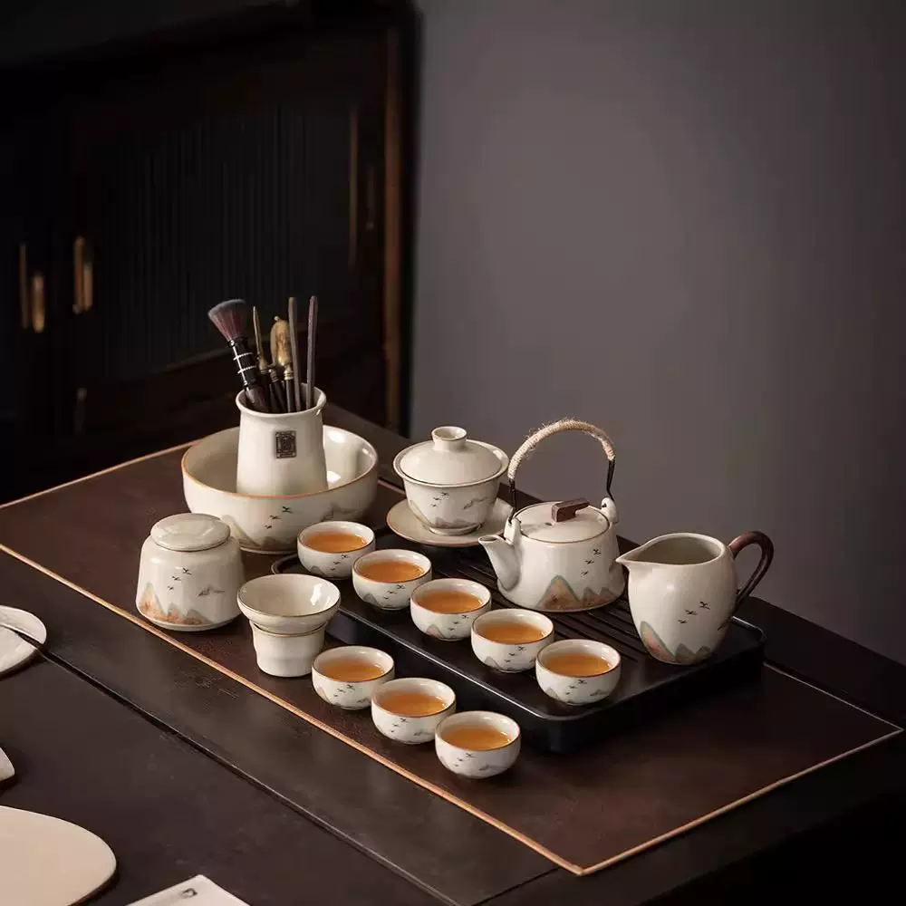 米黄汝窑功夫茶具套装家用轻奢茶壶盖碗泡茶办公陶瓷茶杯茶盘整套