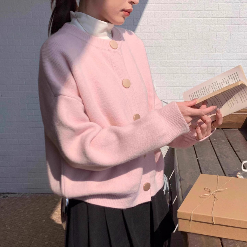 奶黄色宽松慵懒风圆领针织开衫女2025秋冬新款显瘦毛衣外套上衣潮|undefined
