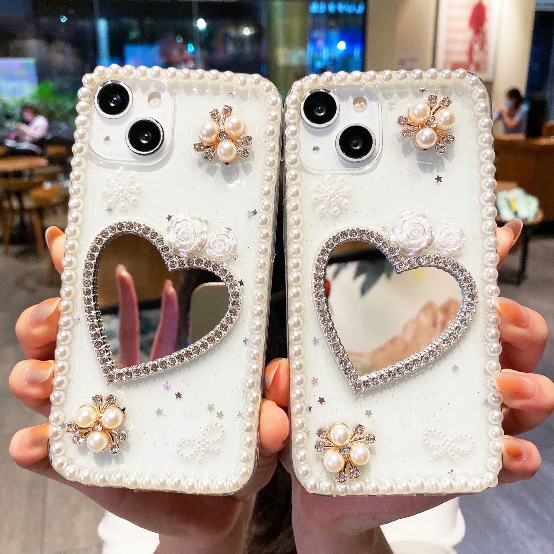 愛心珍珠鏡子適用蘋果11/12手機殼iphone13/14XR/7/8plusXS透明套