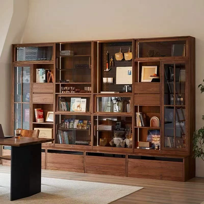 Настенный книжный шкаф из черного ореха Северной Америки, встроенный от стены до потолка, комбинированный книжный шкаф в стиле ретро, ​​держатель для карт, витрина для гостиной
