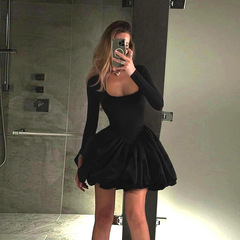 XY25266PFO欧美黑色公主蓬蓬连衣裙女秋冬季高级感年会战袍短裙子