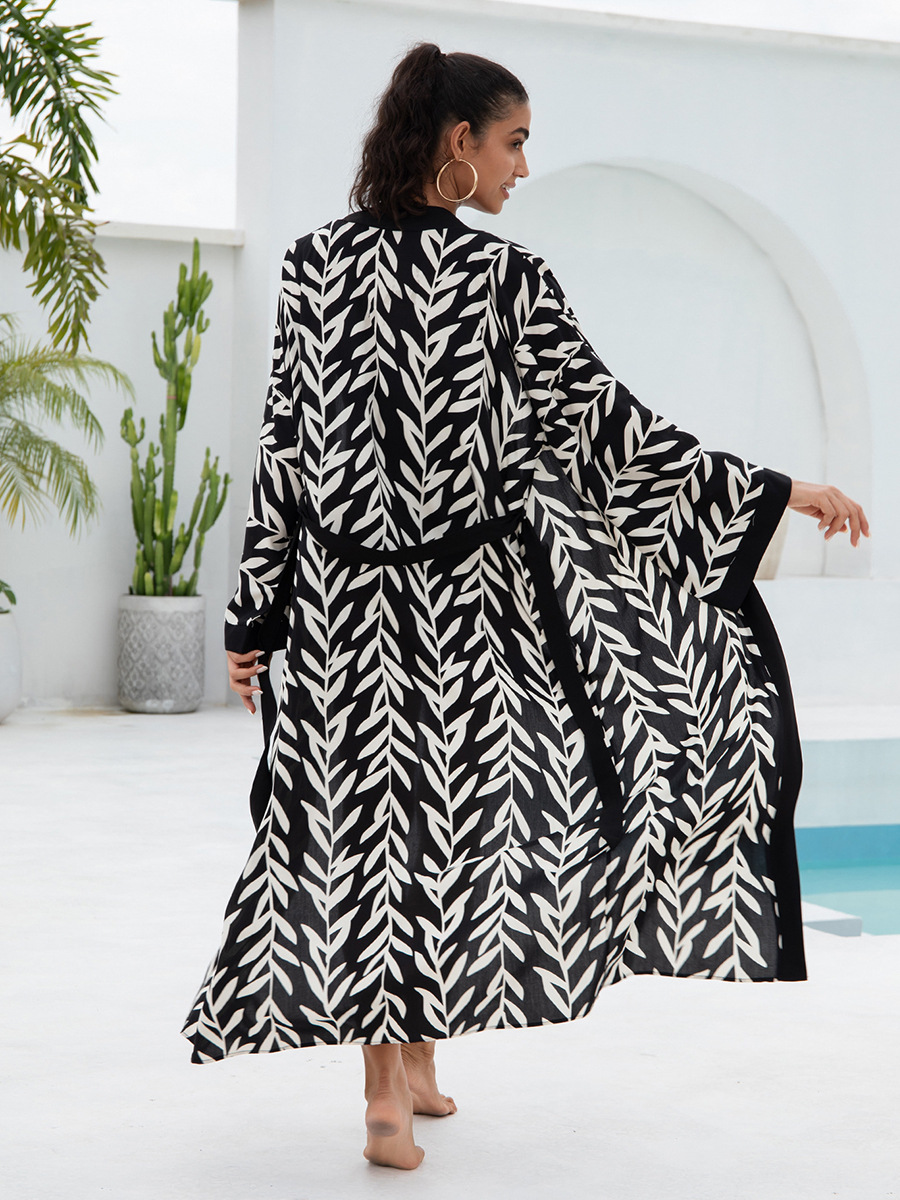Women's Flowy Cover Up Kimono Beach Dress With Exotic Prints Lightweight Linen Feel Fabric For Pool, Vacation, Boho Outfit_ecoleips.com