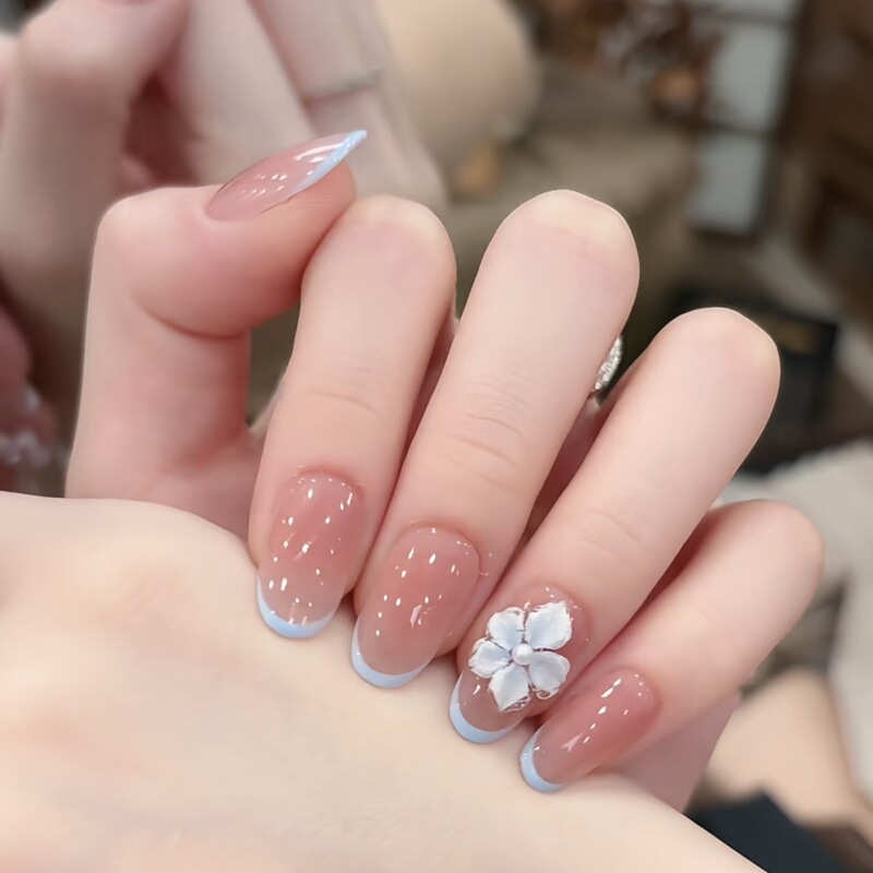 Handmade Short Nude Floral Blue French Manicure Nail Stickers That Enhance Complexion and Add a High-End Feel