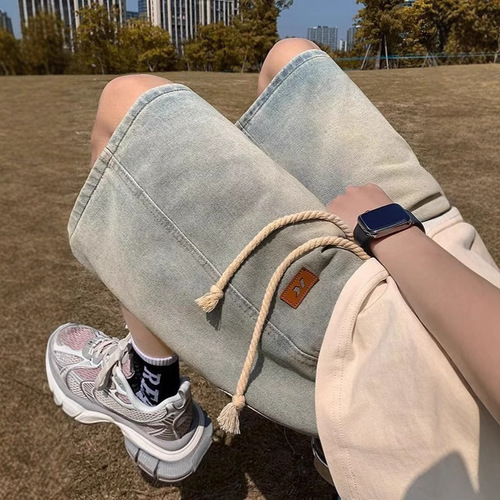 Men's denim shorts men's summer new American retro high street fashion straight leg loose casual five-point pants men's clothing