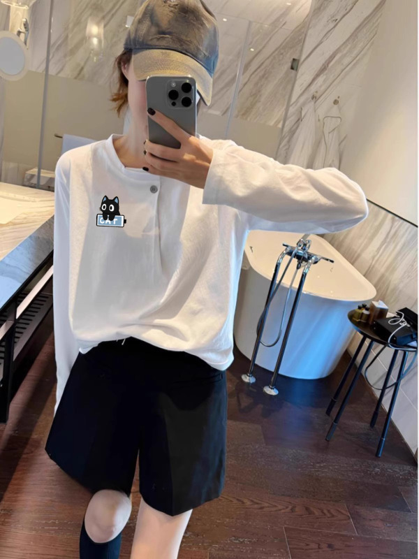 欧货纯棉一粒扣白色长袖T恤早秋女装2025新款宽松显瘦打底衫上衣|undefined