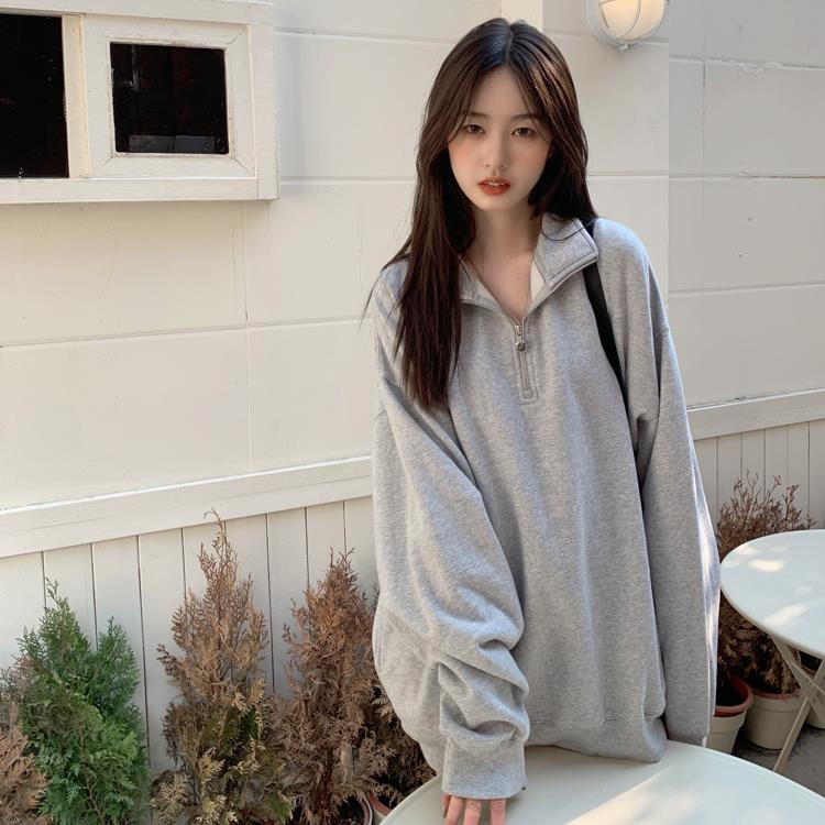 Spring sweatshirt, jacket for students, polo collar, oversize, mid-length