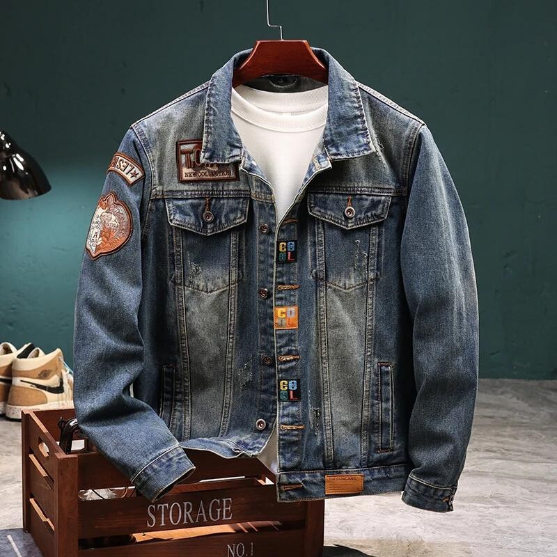 2026 American retro-style branded denim jacket for men, Korean version slim-fit trendy brand, European and American street style motorcycle jacket