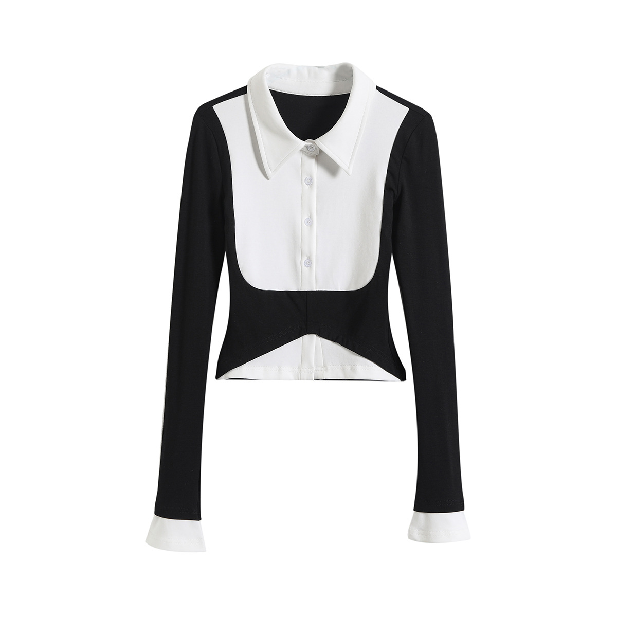 T289-24 가을 새로운 유럽과 미국 스타일의 가짜 투피스 컬러 매칭 디자인 센스 폴로 칼라 싱글 브레스트 긴 소매 짧은 셔츠