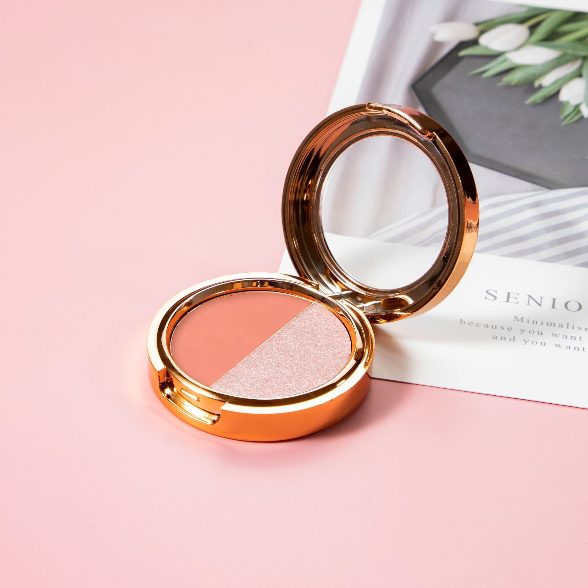 Maquillaje transfronterizo, sombra de ojos de dos colores, combinación de acabado nacarado en uno, paleta de sombras de ojos en polvo delicada y no voladora, multiusos