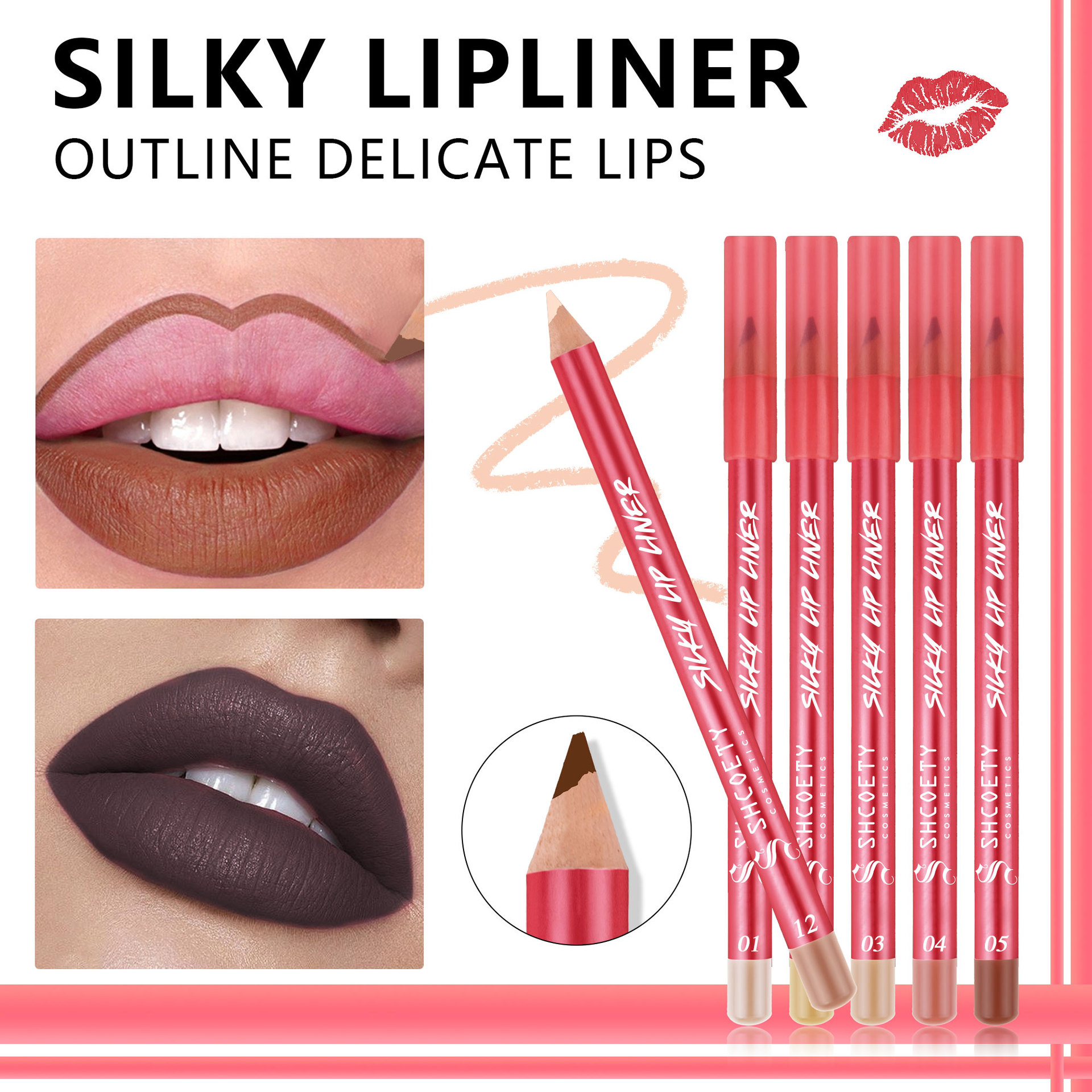 SHCOETY European and American Cross-border 12-color matte red Lip liner Pen Set, Nude color, long-lasting and non-fading third generation Item Picture