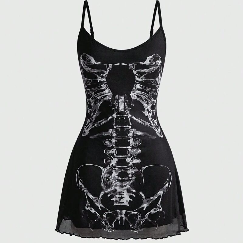 Y2K Millennial Dark Gothic Punk Skull Print Camisole Dress with Mesh Slim Fit Bodycon Dress